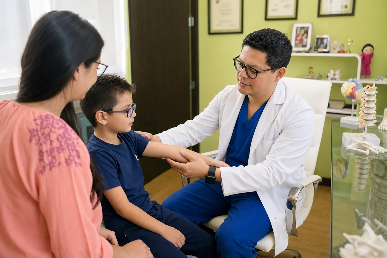 Dr. Eduardo Escutia durante una valoración de ortopedia pediátrica en su consultorio de CDMX