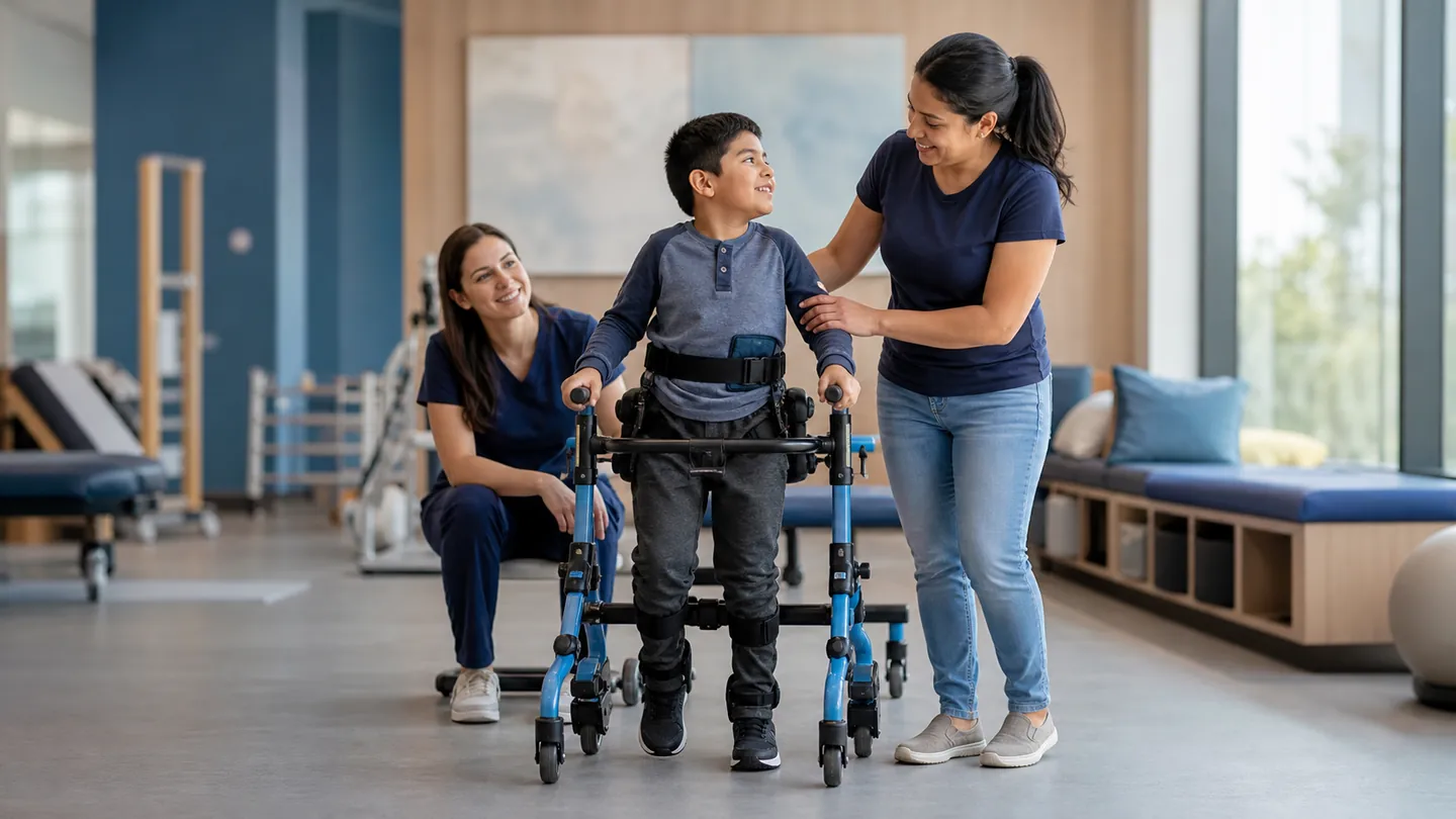 Niño con discapacidad acompañado durante una sesión de rehabilitación